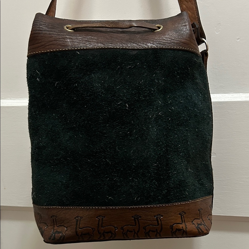 Moroccan Bag Brown Leather Green Suede Crossbody Camel Inlay Bohemian Festival - Picture 4 of 12
